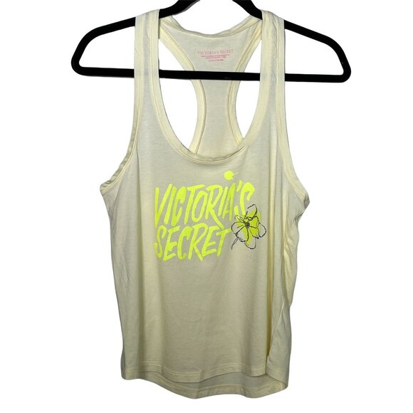 Victorias Secret Racerback Tank Top Small Graphic Neon Yellow Active Gym Shirt - Picture 1 of 7